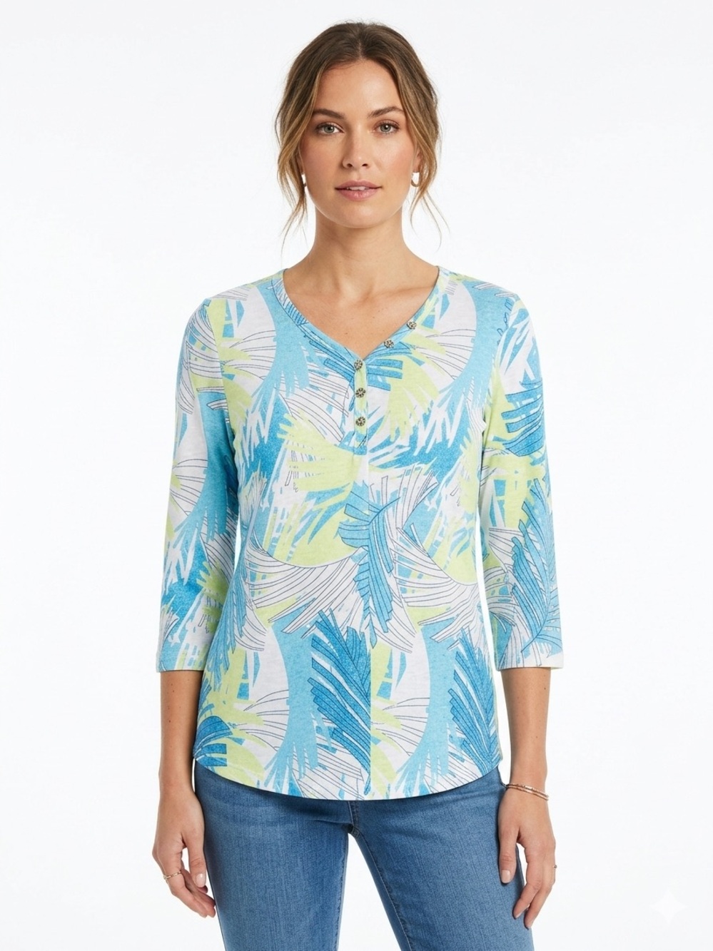 Palm Grove NWOT Cottony 3/4 Sleeve Lightweight Stretchy Comfy Tropical Palm Top